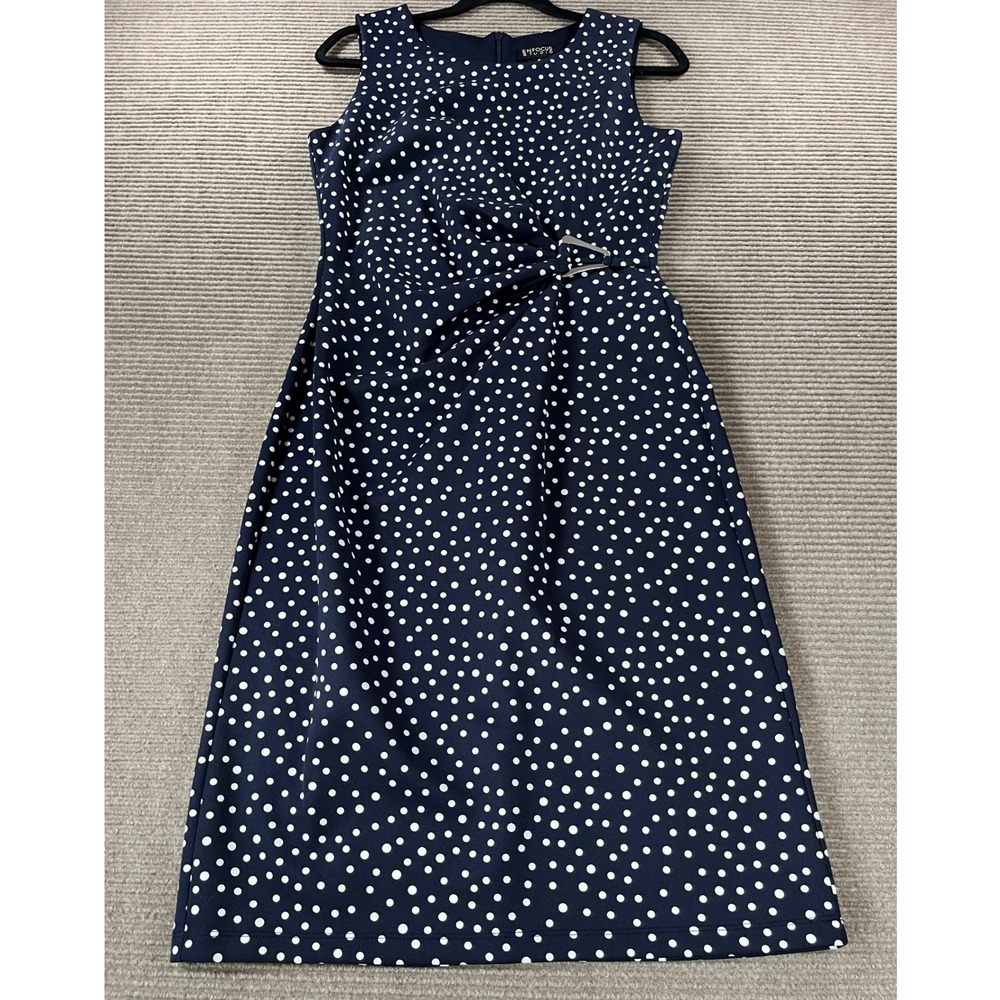 Enfocus Studio Womens Navy White Polka Dot Draped Buckle Sheath Dress Size 8
